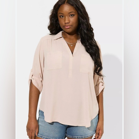 Torrid Harper Collared 3/4 Sleeve Flowy Blouse in Neutral Mushroom Size 1X 2024 - Picture 1 of 13